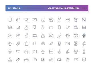 Set of 60 line icons. Workplace and stationery