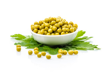 green peas  in a bowl isolated, white background