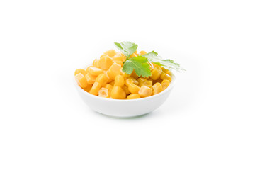 Canned corn  in a bowl. sweet corn. corn isolated on white background