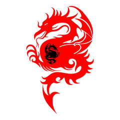 Abstract Symbols, Silhouette of a fighting dragon (red, black), sharp tail, on white background,