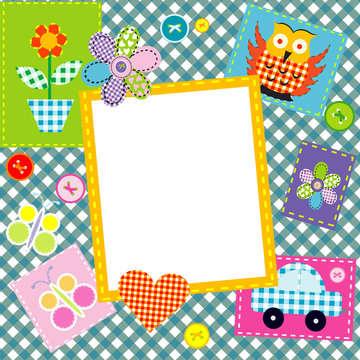 Patchwork for kids with childish sewed elements and frame