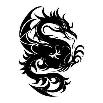 Silhouette of a black dragon fighting, on a white background,