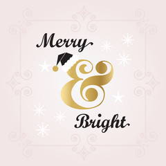 Black and golden Merry & Bright Holiday decoration Christmas card on pink background
