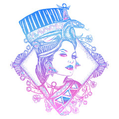 Ancient Egypt color tattoo. Queen of Egypt Nefertiti, art nouveau woman. Egyptian princess Cvleopatra. Ancient Egypt woman t-shirt design