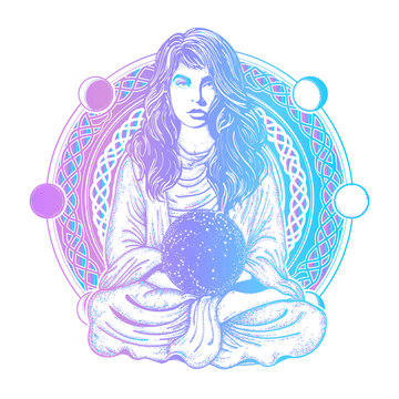 Magic woman color tattoo and t-shirt design. Woman meditation tattoo art. Girl in lotus pose. Symbol meditation, philosophy, astrology, magic, yoga. Meditating woman and crystal sphere t-shirt design