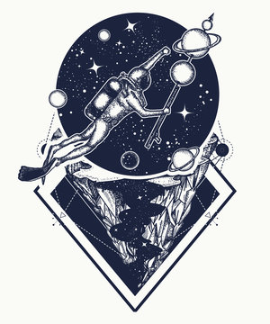 Astronaut in deep space t-shirt design. Diver floats in space tattoo art. Diver catches planets in space. Symbol of science, research, space travel