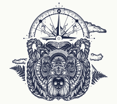Bear and compass tattoo and t-shirt design. Northern grizzly bear, symbol of force, tourism, adventure, outdoors, wild nature. Ornamental celtic bear head tattoo