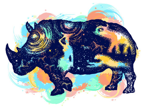 Rhinoceros color tattoo art. Symbol Africa, savannah, travel. African woman, jaguar, elephant. Rhino double exposure t-shirt design