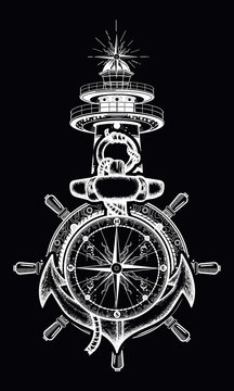 Anchor, steering wheel, compass, lighthouse, tattoo art. Old anchor and lighthouse t-shirt design. Symbol of maritime adventure, tourism, travel