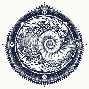 Big wave and sea shell tattoo and t-shirt design. Symbol of adventures boho style. Great outdoors. Tsunami waves tattoo. Sea ammonite and storm