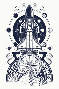 Space shuttle, compass and mountains tattoo art. Symbol of space research, flight to new galaxies, tourism, adventure, travel. Space shuttle taking off on mission t-shirt design
