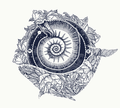 Whale and sea shell tattoo and t-shirt design. Ancient shell and floral whale tattoo art. Mystical symbol of adventure, dreams. Ammonite and Whale. Travel, adventure, outdoors symbol