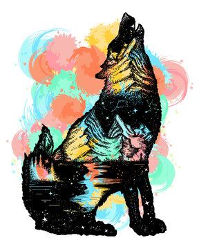 Wolf double exposure color tattoo art. Wolf howls, mountain and night sky t-shirt design. Symbol tourism, travel, adventure, outdoor
