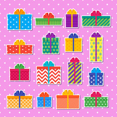 Gift boxes stickers in flat design. Wrapped presents with bows and ribbons. Vector. Set elements isolated on seamless dotted pink pattern for greeting cards and backgrounds.