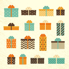 Retro gift boxes in flat design. Set vintage presents with bows and ribbons. Vector illustration. 