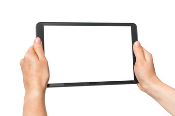 Tablet with blank white screen in female hands - Powered by Adobe