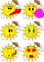 Cartoon sun tipping his hat. Collection with various facial expressions. Vector set.