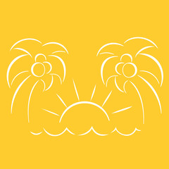 Hand drawn icon of coconut palms with waves and sun