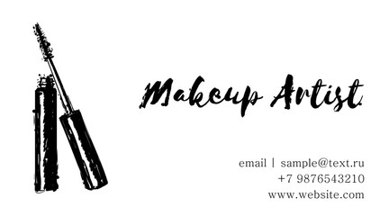 Makeup artist business card. Vector template with makeup items: Hand drawing of tube of mascara and brush of mascara. Fashion and beauty background. Template Vector.
