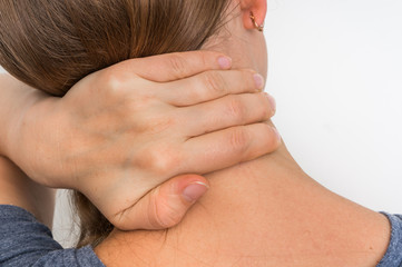 Woman with muscle injury having pain in her neck