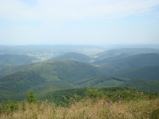 Naklejka premium Green mountain landscape of the Carpathians against the blue sky.