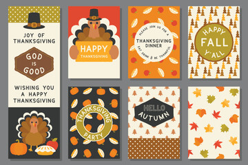 happy thanksgiving card template, invitation, elements and seamless pattern for thanksgiving day, flat design vector