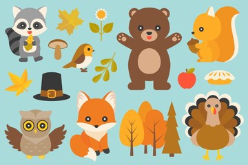 wild animal and elements such as bear, turkey, bird, fox, owl, raccoon, mushroom, maple leaves, branch with leaves, pilgrim hat for thanksgiving day and autumn season in flat design