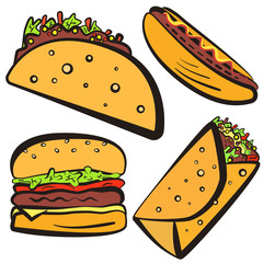 Colorful fast food symbols set with black outline. Cartoon flat linear fastfood including hamburger, tacos, burrito, hot dog for fast food restaurant or cafe menu, advertisement, banners, stickers