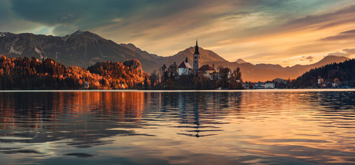 Lake Bled with St. Marys Church of the Assumption on the small island; Bled, Slovenia, Europe