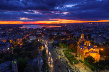 Aerial view of Varna city centre at sunset. Bulgaria night landscape.