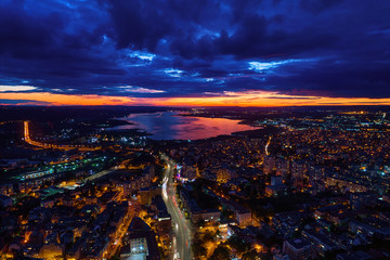 Aerial view of Varna city downtown at sunset. Bulgaria