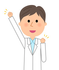 白衣の男性　ガッツポーズ