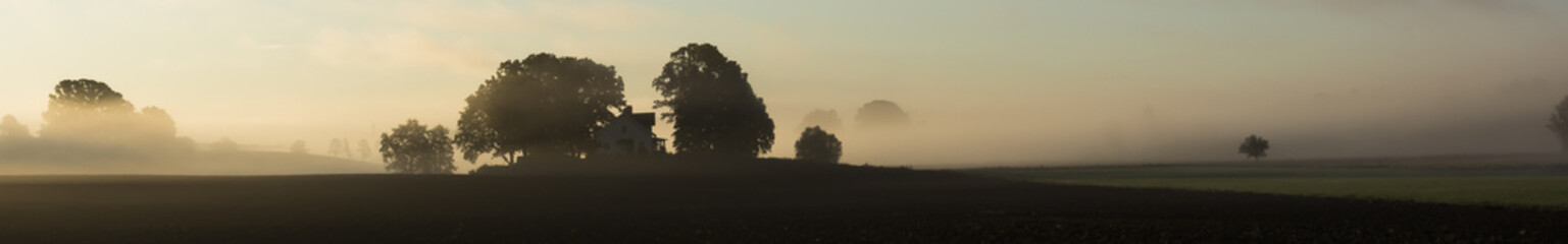 A very special panorama picture, mystic and eventful with trees and fog hanging over a farm building in the center of the panorama.       