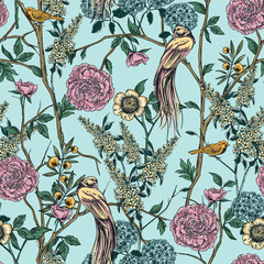 Naklejki  Victorian garden. Floral seamless pattern. Vector illustration.
