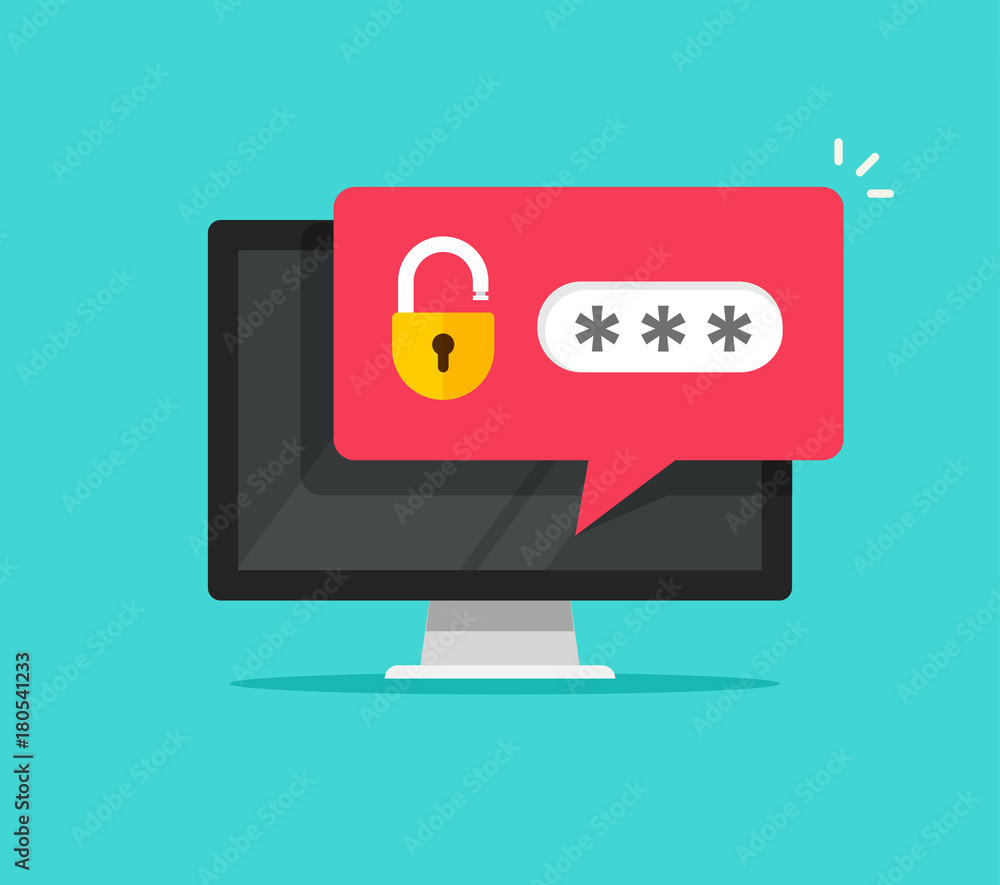 Poster password secure access on desktop computer with unlocked bubble notification, flat cartoon design or
