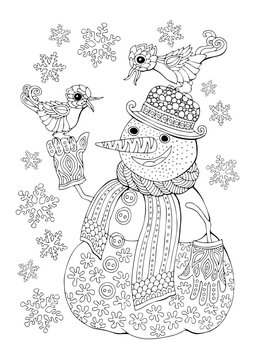 Snowman talking with birds. Snow. Winter mood. Hand drawn sketch for anti-stress adult coloring book in zen-tangle style. Vector illustration for coloring page.