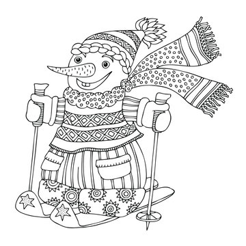 Cheerful snowman on skis. Winter mood. Hand drawn sketch for anti-stress adult coloring book in zen-tangle style. Vector illustration for coloring page.
