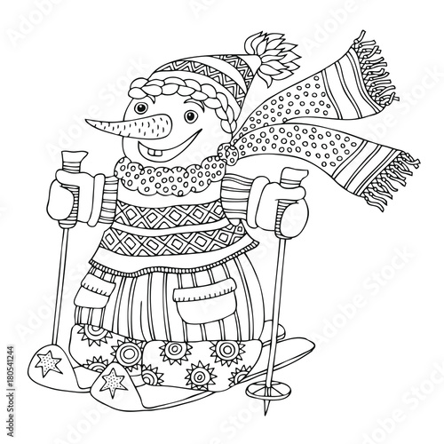 "Cheerful snowman on skis. Winter mood. Hand drawn sketch for anti