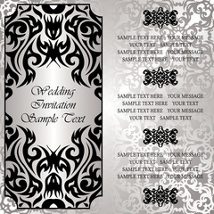 Wedding invitation with floral frame. Black and silver