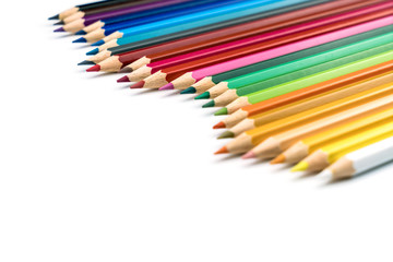 Soft focus of different colored wood pencils set for art or design creativity concept isolated on white background with clipping path, shallow depth of field