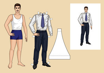 The sports guy in the underwear is standing in front. Paper doll of a businessman. Set of paper man with clothes for him