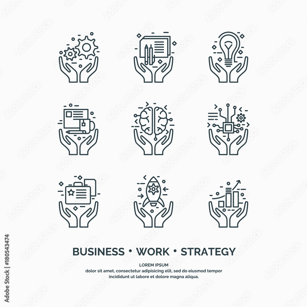 Poster linear icons of business analytics and statistics.