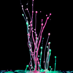 explosion of splashes and bursts of colour fluid paint or ink on a black background