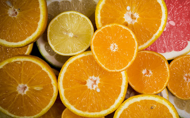 Citrus fruits (orange, lemon, grapefruit, mandarin, lime) Fruit food background. Fresh citrus fruit assortment