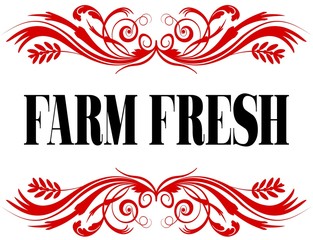 FARM FRESH red floral text frame.