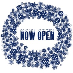 Snowy NOW OPEN text in snowflake frame.