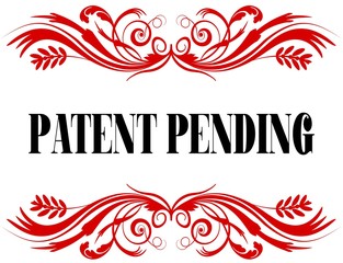 PATENT PENDING red floral text frame.