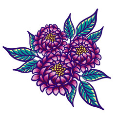 Floral hand drawn vintage flower. Fabulous purple flowers and green leaves on a white background. Tropical flower. Exotic textile botanical design. Summer design.