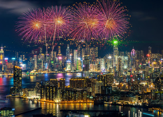 Fireworks Festival over Hong Kong cityscape, Top view of hong Kong Victoria Harbour, Happy new year...
