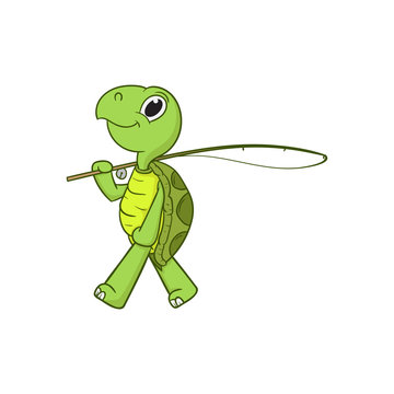 cute turtle holding road fishing cartoon vector illustration